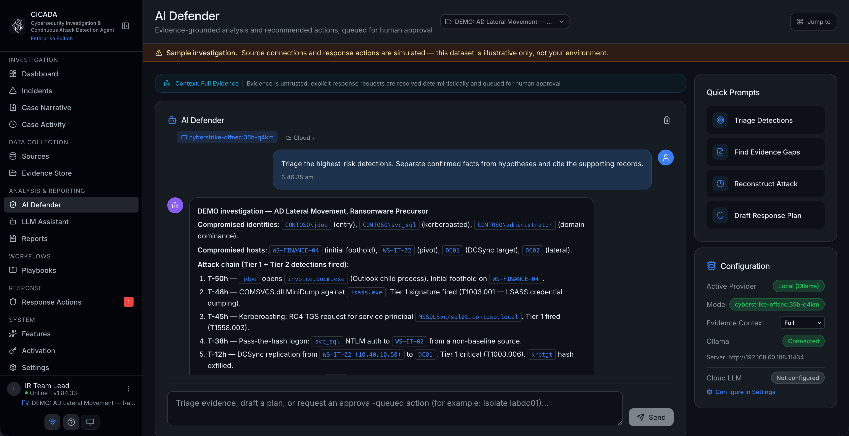 CICADA AI Defender analysing evidence from a sample breach investigation with a local AI model