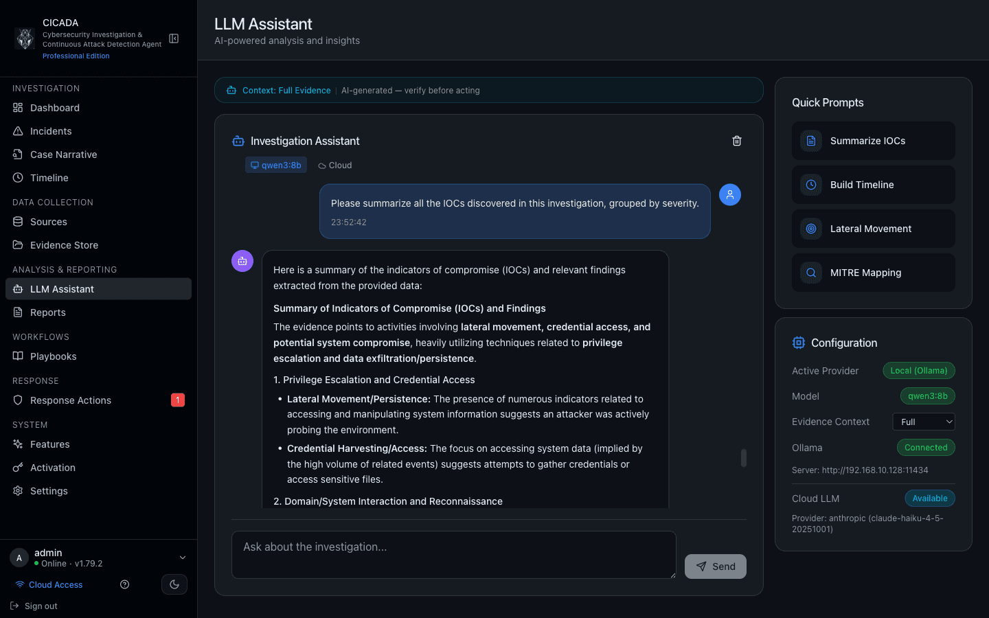 CICADA IR LLM Assistant — local Ollama provider with qwen3:8b, summarising IOCs by severity