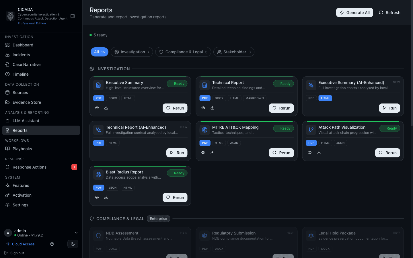 CICADA IR Reports page showing 15 report types with ready and AI-enhanced variants
