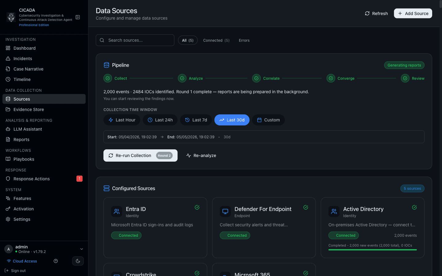CICADA IR Sources page showing the 5-stage pipeline with all stages green and 5 connected sources